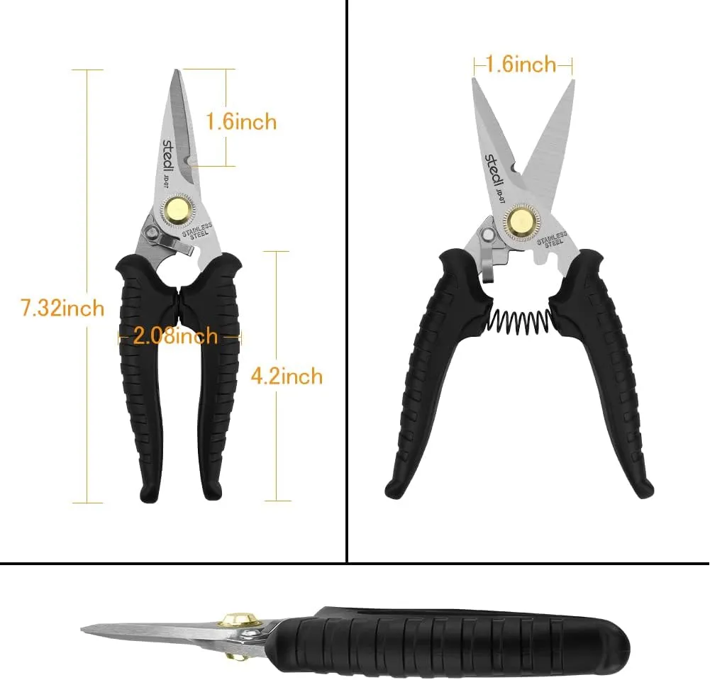 stedi Scissors Heavy Duty, Multi-Purpose Shears with Finely Serrated High Carbon Stainless Steel Blades -Easy Cutting Electrical Cable Notch, Insulation, Non-Slip Comfortable Handle, Soft Cable