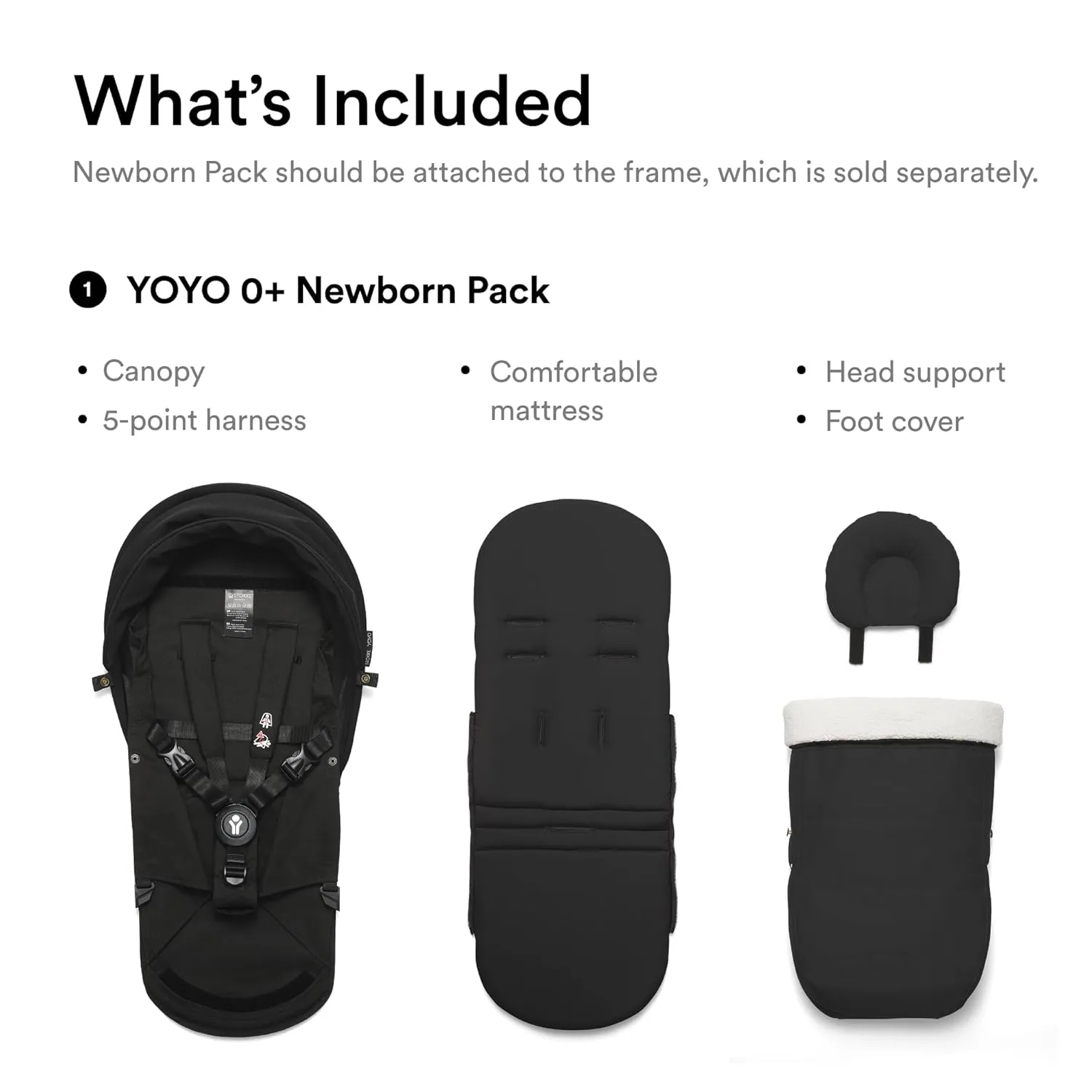 Stokke YOYO 0  Newborn Pack, Black - Includes Mattress, Extendable Canopy & Five-Point Harness - Requires YOYO3 Frame (Sold Separately)