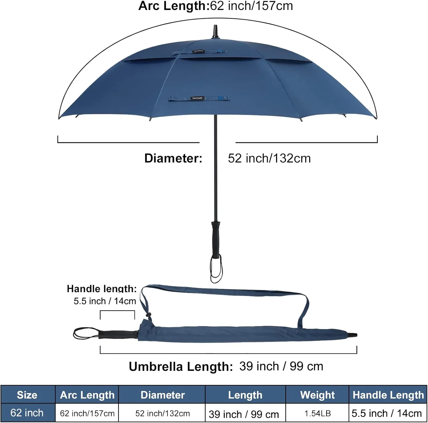 Storm Proof Golf Sports Umbrella - 62 Inch Large Size Sturdy Umbrella with UV Protection, Resists Up to 55 MPH Wind for Men and Women (Dark Blue)