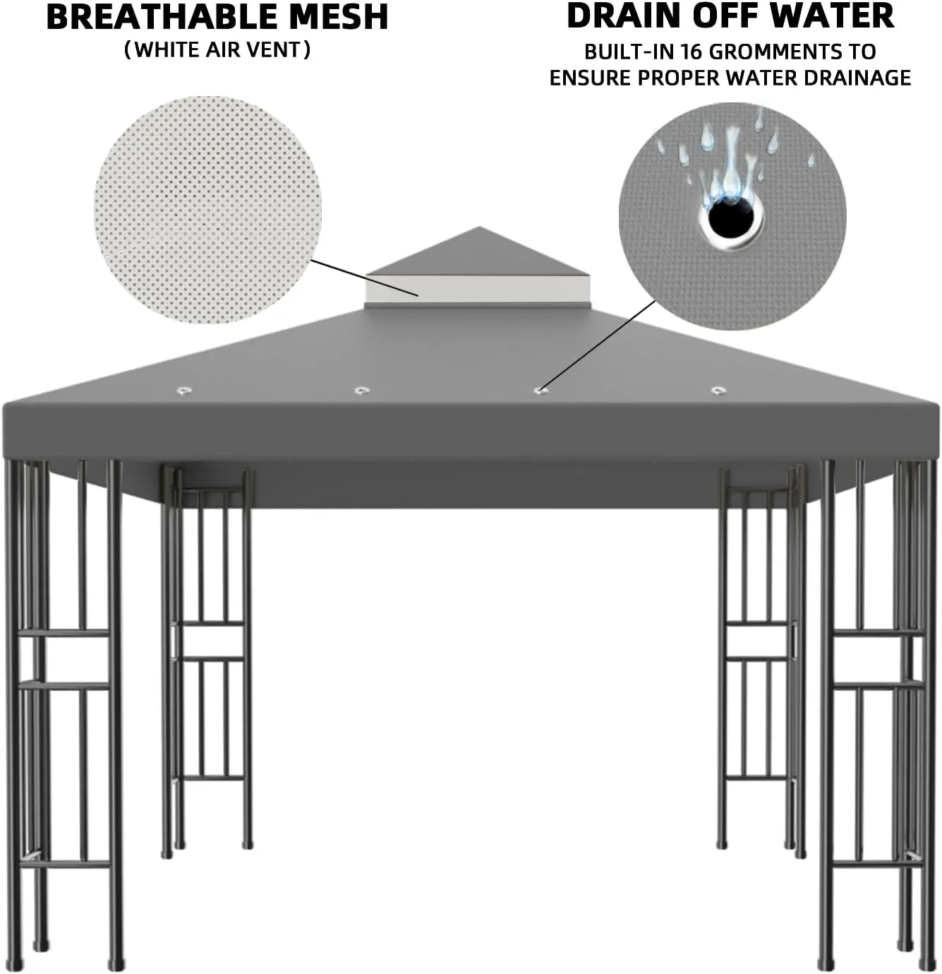 Sumfaller 10x10 FT Gazebo Replacement Canopy Top Cover Double Tiered Canopy Top Cover for Outdoor BBQ Roof Cover Grill Shelter (Grey)