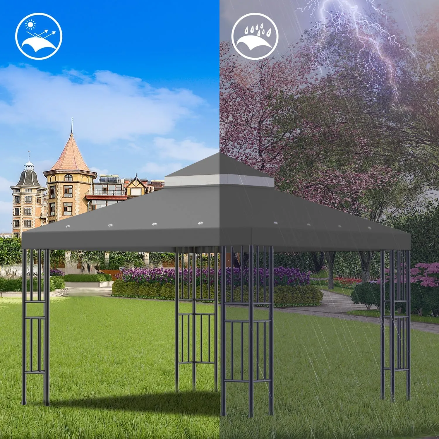 Sumfaller 10x10 FT Gazebo Replacement Canopy Top Cover Double Tiered Canopy Top Cover for Outdoor BBQ Roof Cover Grill Shelter (Grey)