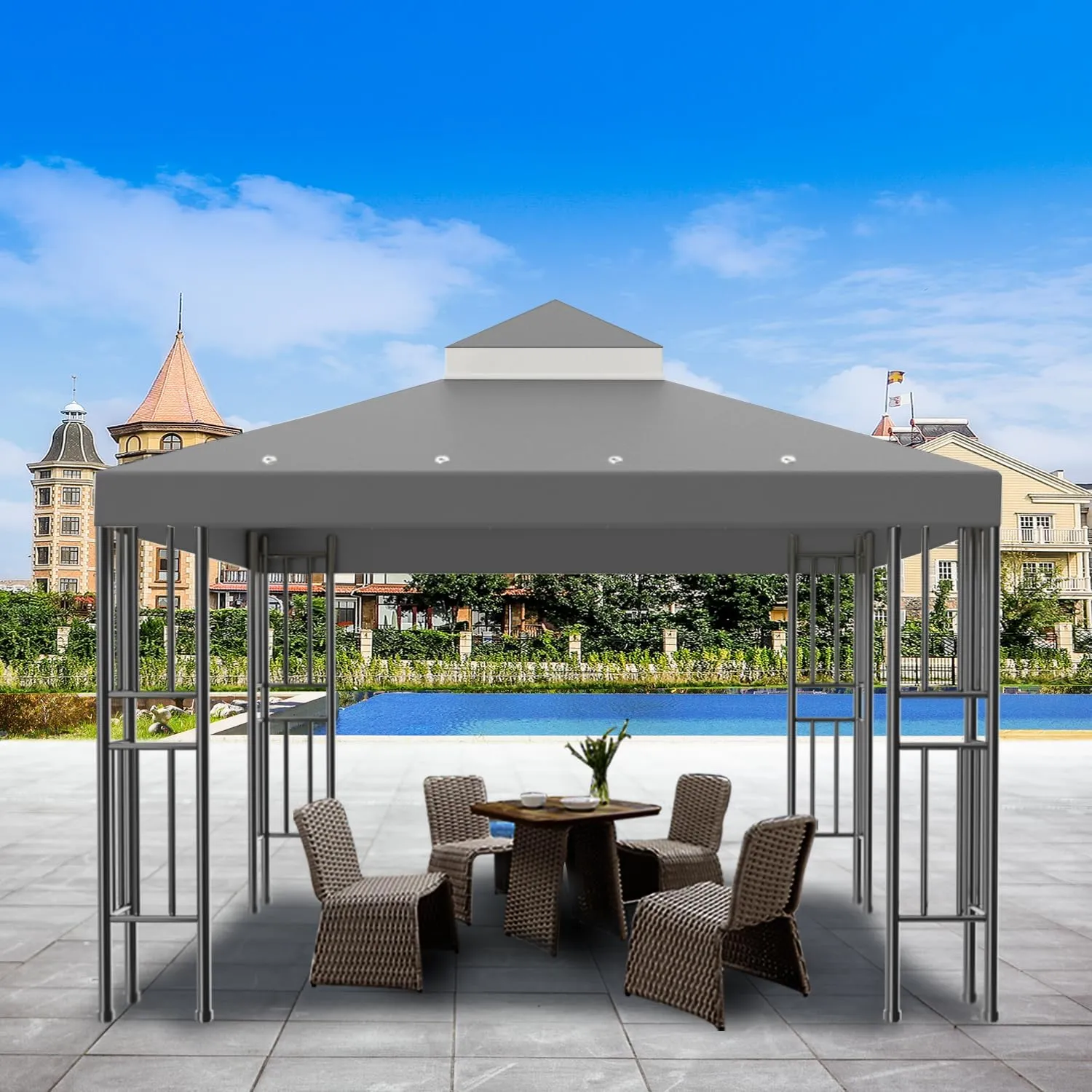 Sumfaller 10x10 FT Gazebo Replacement Canopy Top Cover Double Tiered Canopy Top Cover for Outdoor BBQ Roof Cover Grill Shelter (Grey)