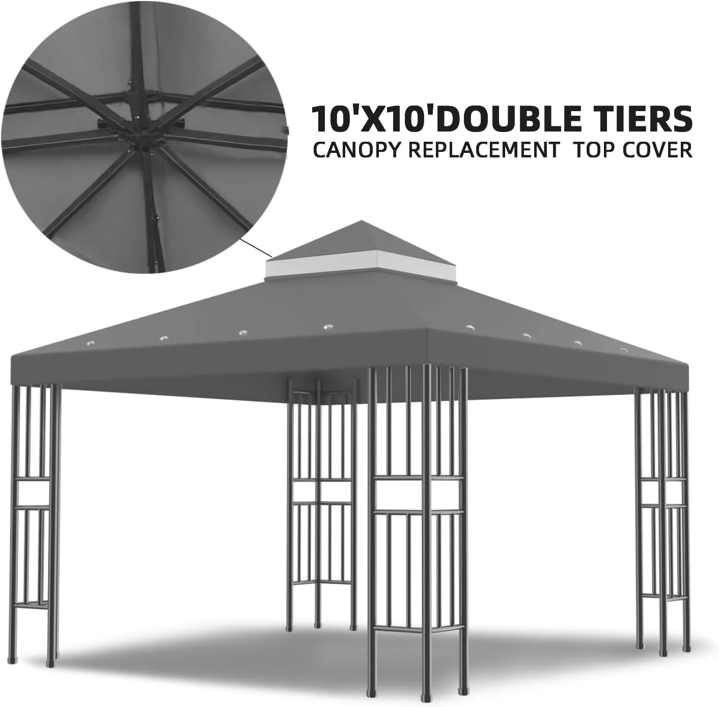 Sumfaller 10x10 FT Gazebo Replacement Canopy Top Cover Double Tiered Canopy Top Cover for Outdoor BBQ Roof Cover Grill Shelter (Grey)