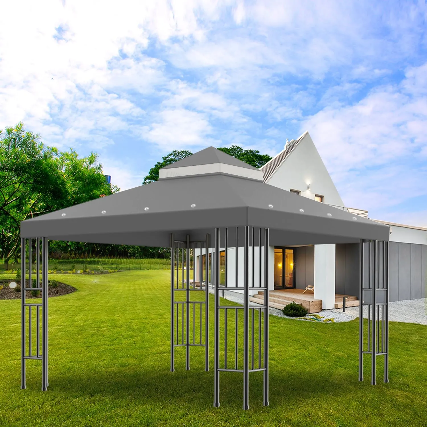 Sumfaller 10x10 FT Gazebo Replacement Canopy Top Cover Double Tiered Canopy Top Cover for Outdoor BBQ Roof Cover Grill Shelter (Grey)
