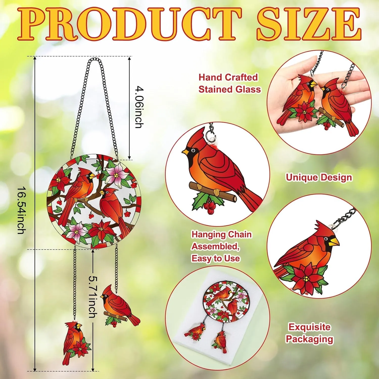 Suncatcher Stained Glass Window Hanging Birds 6.3" Spring Stained Glass Suncatcher Window Hanging for Bird Lover(Cardinal)