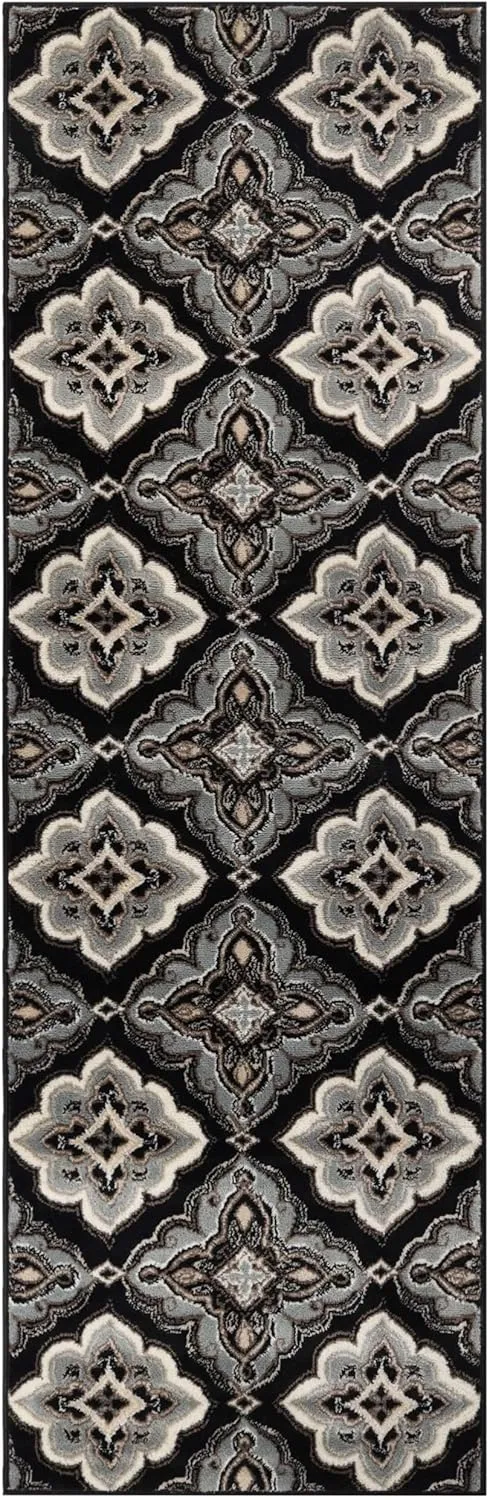 Superior Crawford Collection Area Rug, 8mm Pile Height with Jute Backing, Gorgeous Mediterranean Tile Pattern, Fashionable and Affordable Woven Rugs - 2'7" x 8' Runner, Black