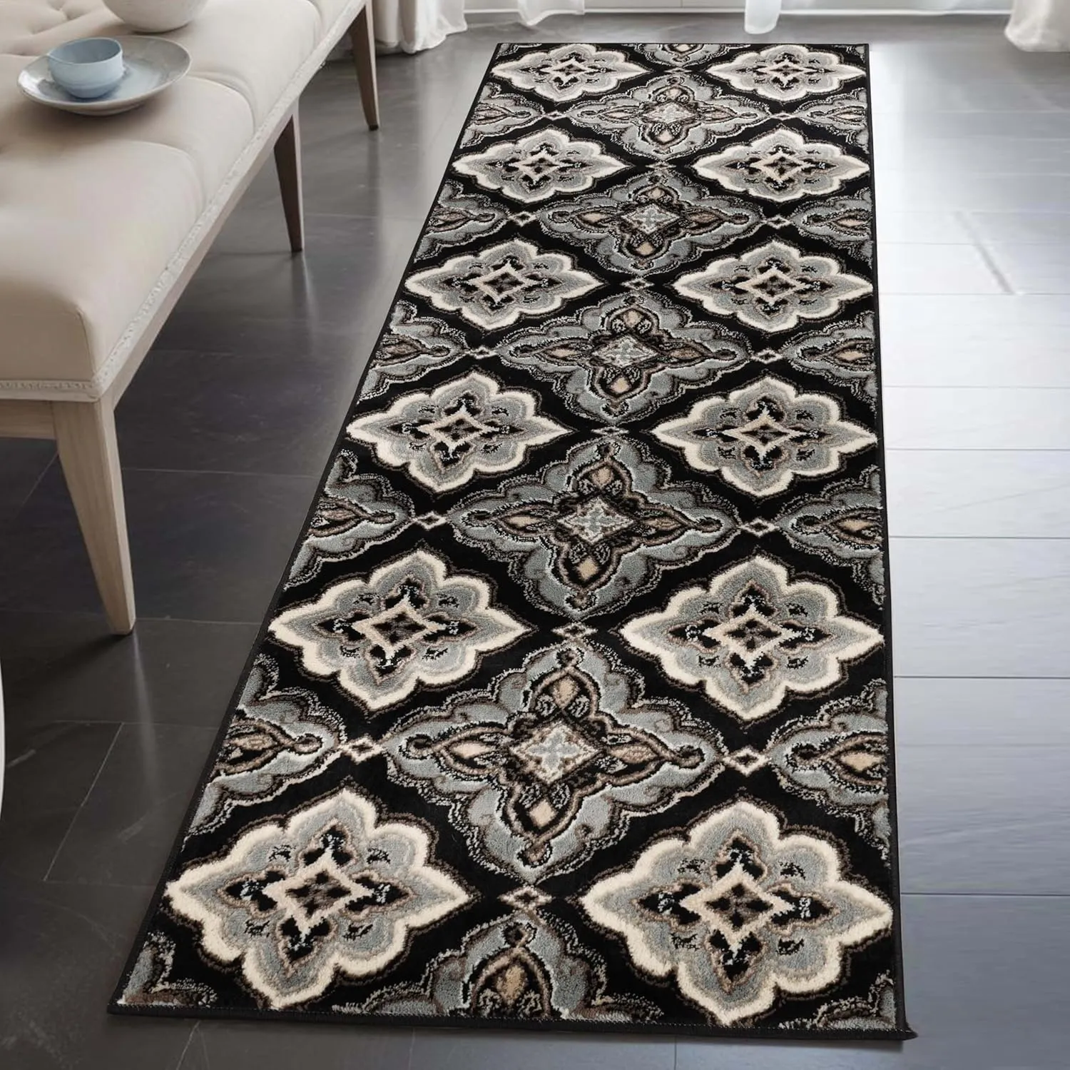 Superior Crawford Collection Area Rug, 8mm Pile Height with Jute Backing, Gorgeous Mediterranean Tile Pattern, Fashionable and Affordable Woven Rugs - 2'7" x 8' Runner, Black