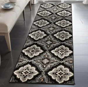 Superior Crawford Collection Area Rug, 8mm Pile Height with Jute Backing, Gorgeous Mediterranean Tile Pattern, Fashionable and Affordable Woven Rugs - 2'7" x 8' Runner, Black