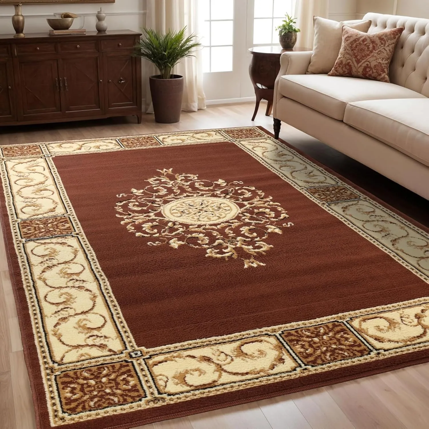 Superior Indoor Area Rug, Plush Carpet Cover, Traditional Oriental Medallion, Perfect for Hallway, Entryay, Living, Dining, Bedroom, Office, Kitchen, Medallion Collection, 5' x 8', Toffee