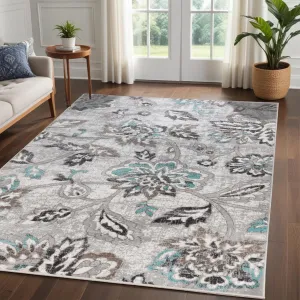 Superior Indoor Large Area Rug for Hallways, Entry, Office, Living/Bedroom, Hardwood, Tile, Floor Cover, Plush Carpet Cover, Modern Farmhouse Floral Decor, Jacobean Collection, 5' x 8', Blue Ivory