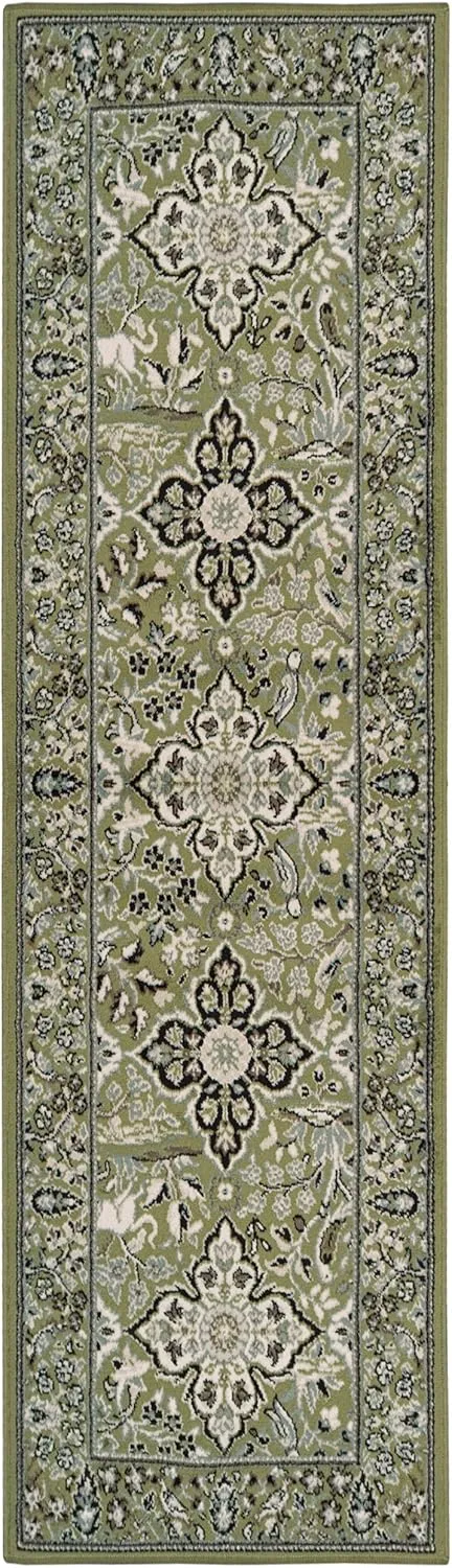 Superior Indoor Runner Rug, Jute Backed, Perfect for Entryway, Office, Living/Dining Room, Bedroom, Kitchen, Hardwood Floor, Floral Medallion Decor, Radcliffe Collection, 2' 7" x 10', Green