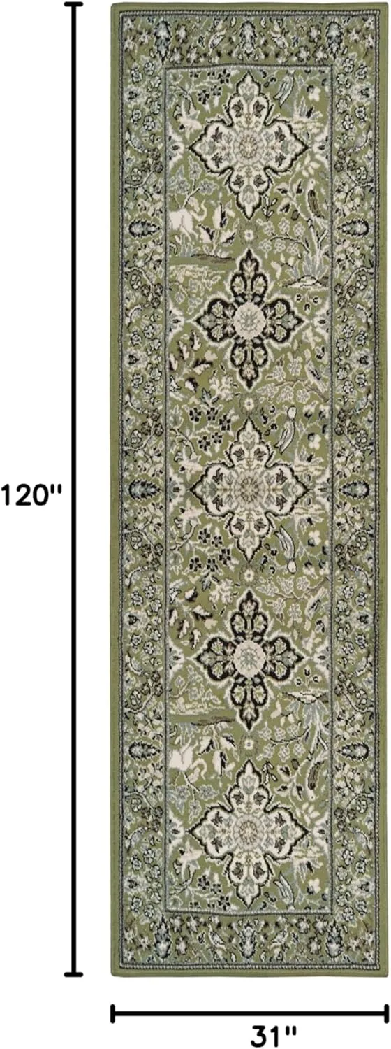 Superior Indoor Runner Rug, Jute Backed, Perfect for Entryway, Office, Living/Dining Room, Bedroom, Kitchen, Hardwood Floor, Floral Medallion Decor, Radcliffe Collection, 2' 7" x 10', Green
