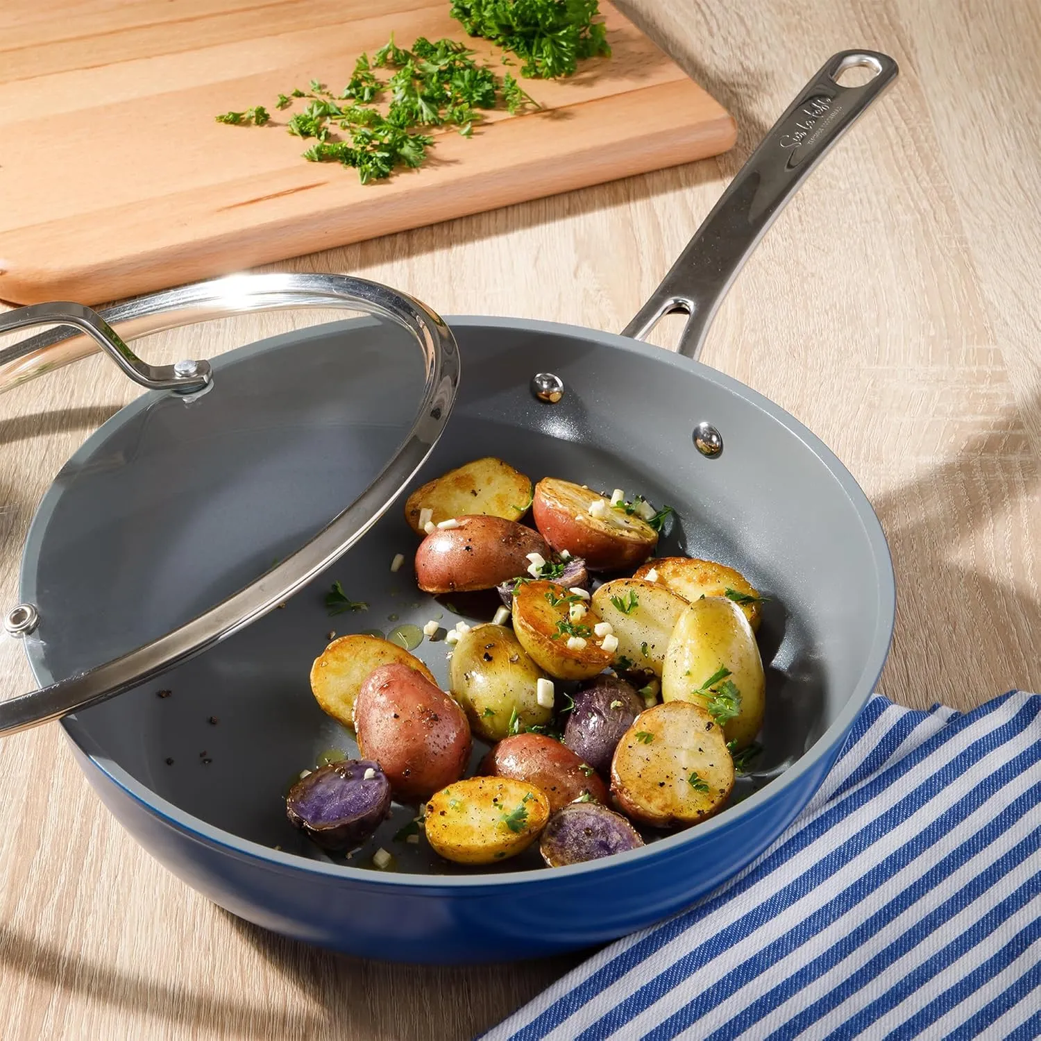 Sur La Table Kitchen Essentials Cool Commune Hard Anodized 10 Piece PFA Free Ceramic Non stick Interior Forged Durable Aluminum Pots and Pans Cookware Set - Blue - Induction Compatible