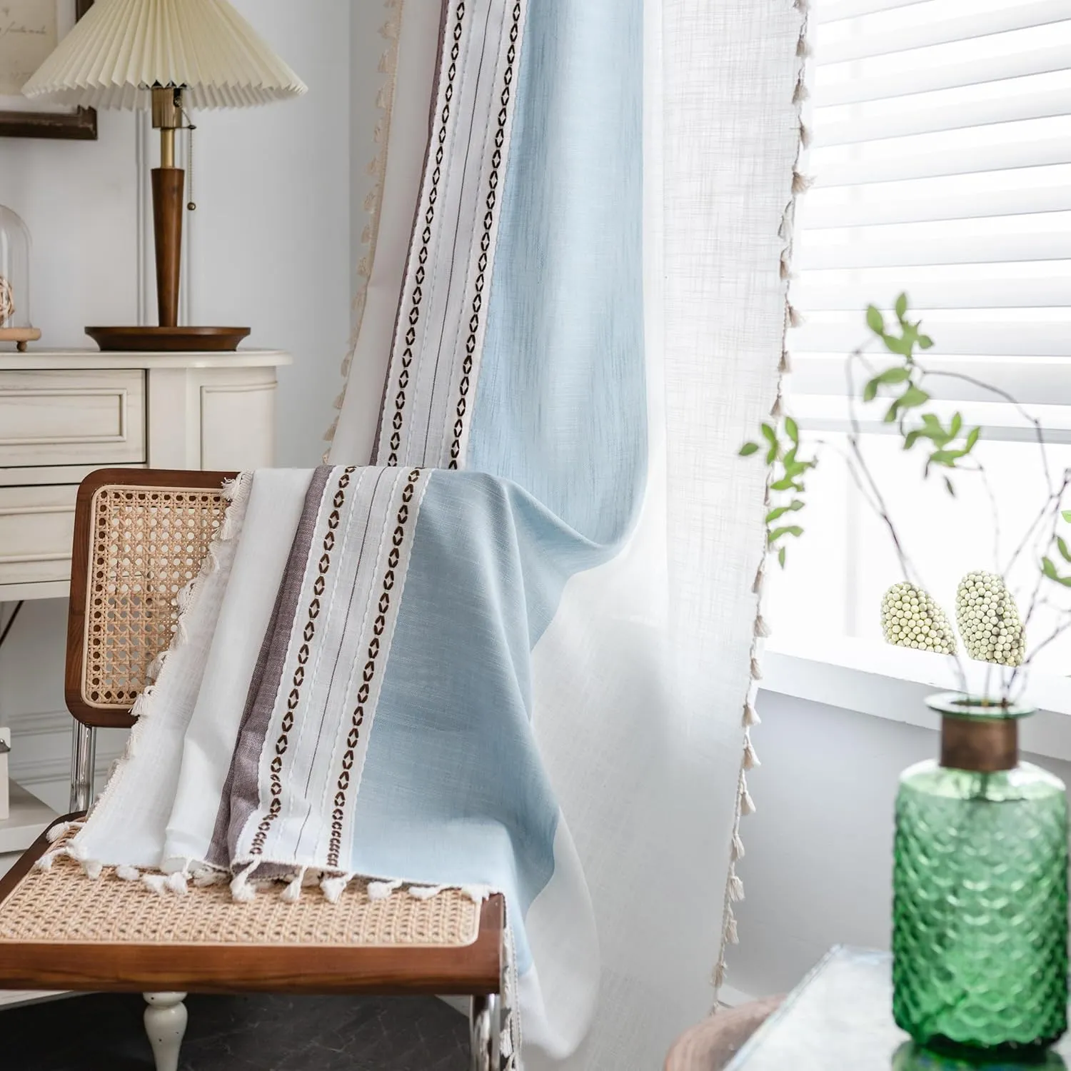 Sutuo Home Boho Curtains 84 inch for Bedroom Living Room, Semi Blackout Linen Farmhouse Tassels Window Treatment Bohemian Embroidery Drape, Rod Pocket 1 Panel 52" W x 84" L, Brown Blue Striped Linen