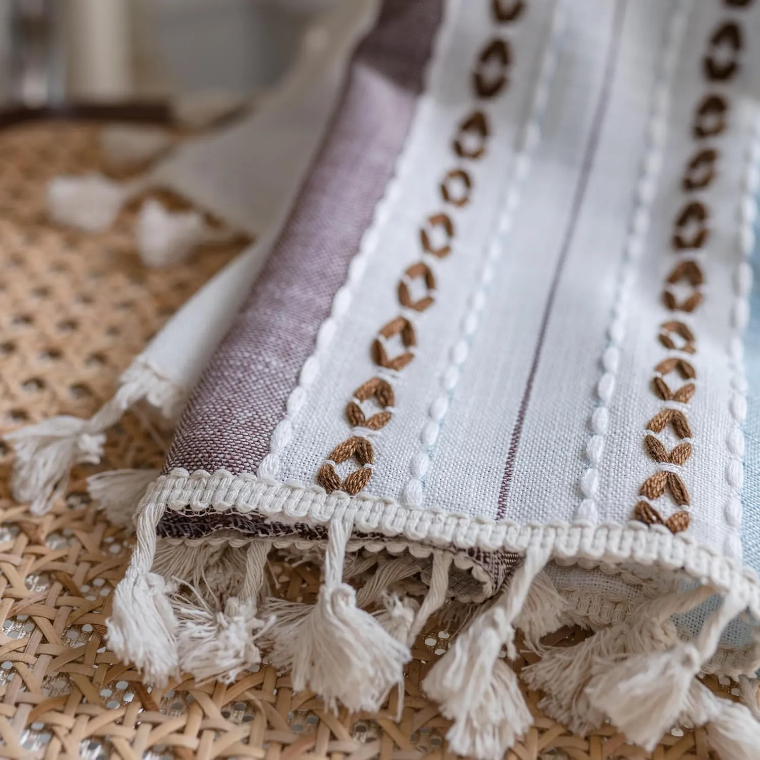 Sutuo Home Boho Curtains 84 inch for Bedroom Living Room, Semi Blackout Linen Farmhouse Tassels Window Treatment Bohemian Embroidery Drape, Rod Pocket 1 Panel 52" W x 84" L, Brown Blue Striped Linen