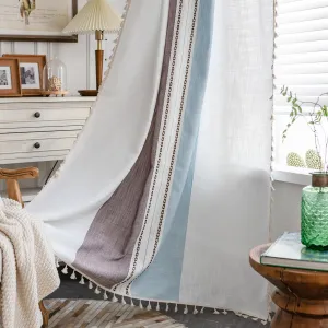 Sutuo Home Boho Curtains 84 inch for Bedroom Living Room, Semi Blackout Linen Farmhouse Tassels Window Treatment Bohemian Embroidery Drape, Rod Pocket 1 Panel 52" W x 84" L, Brown Blue Striped Linen