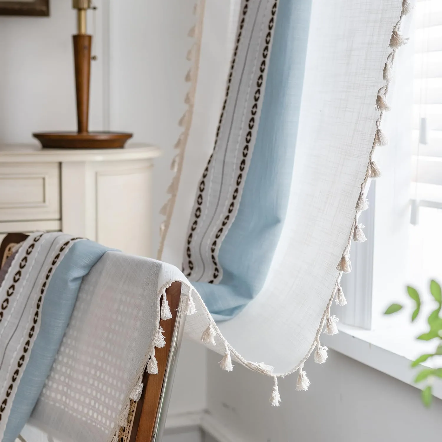 Sutuo Home Boho Curtains 84 inch for Bedroom Living Room, Semi Blackout Linen Farmhouse Tassels Window Treatment Bohemian Embroidery Drape, Rod Pocket 1 Panel 52" W x 84" L, Brown Blue Striped Linen
