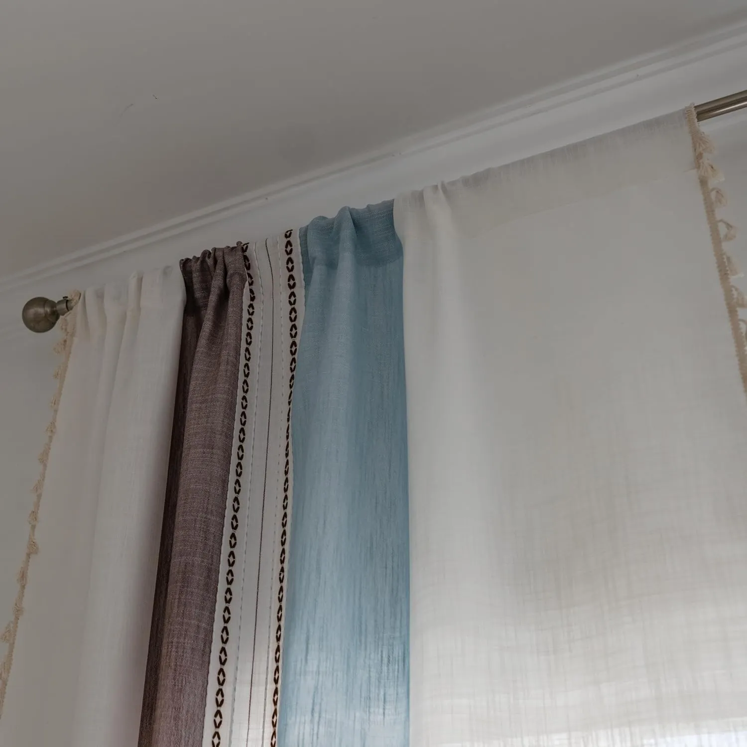 Sutuo Home Boho Curtains 84 inch for Bedroom Living Room, Semi Blackout Linen Farmhouse Tassels Window Treatment Bohemian Embroidery Drape, Rod Pocket 1 Panel 52" W x 84" L, Brown Blue Striped Linen