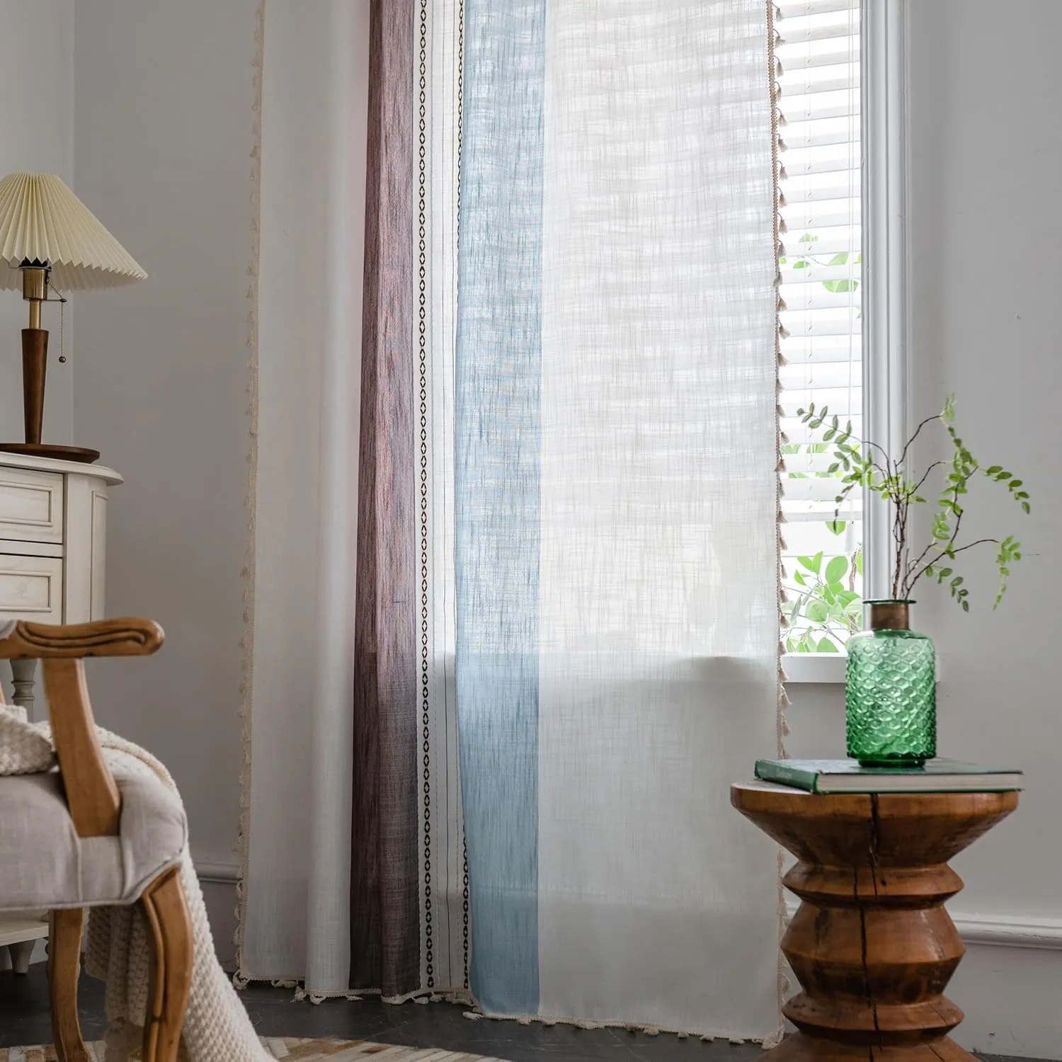 Sutuo Home Boho Curtains 84 inch for Bedroom Living Room, Semi Blackout Linen Farmhouse Tassels Window Treatment Bohemian Embroidery Drape, Rod Pocket 1 Panel 52" W x 84" L, Brown Blue Striped Linen