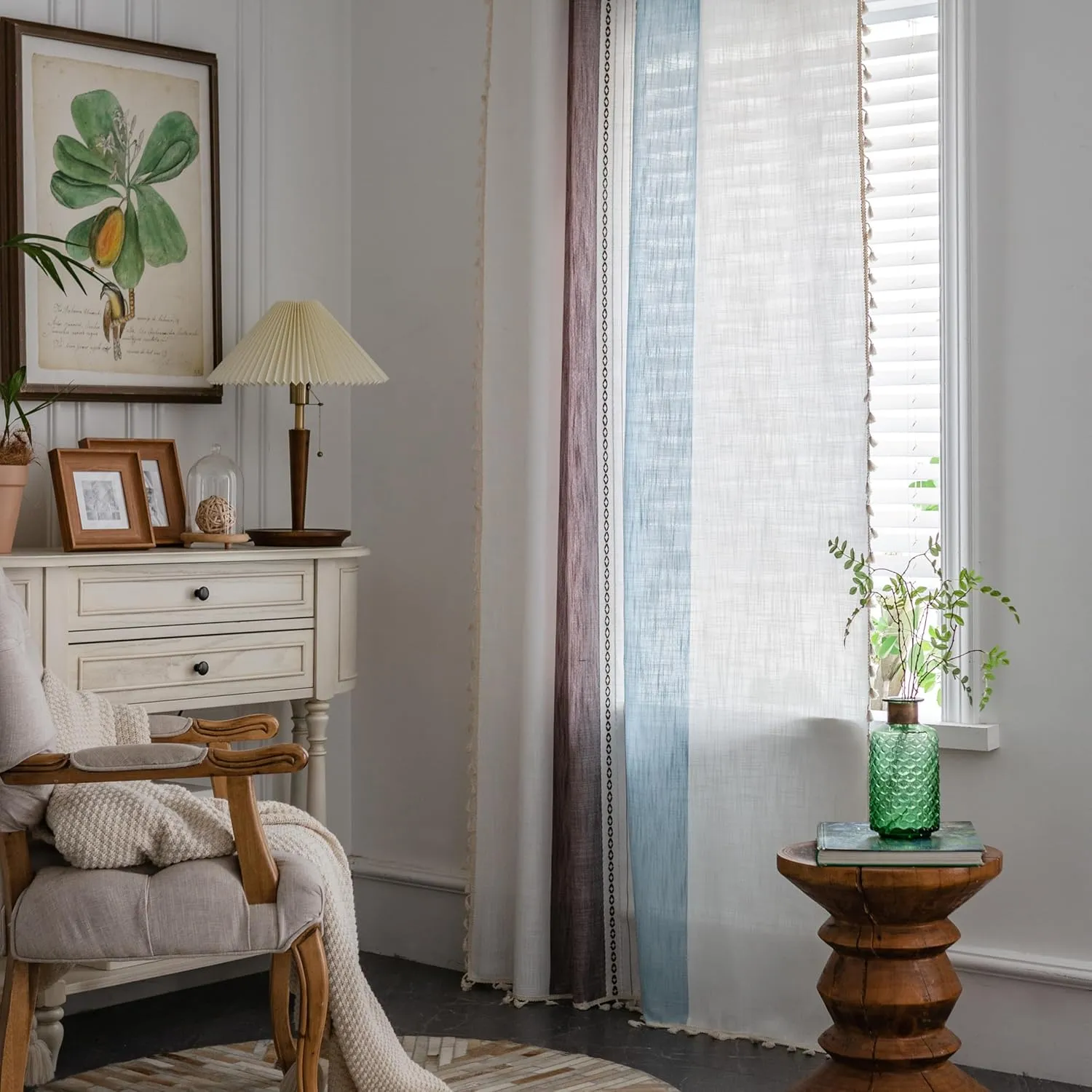 Sutuo Home Boho Curtains 84 inch for Bedroom Living Room, Semi Blackout Linen Farmhouse Tassels Window Treatment Bohemian Embroidery Drape, Rod Pocket 1 Panel 52" W x 84" L, Brown Blue Striped Linen