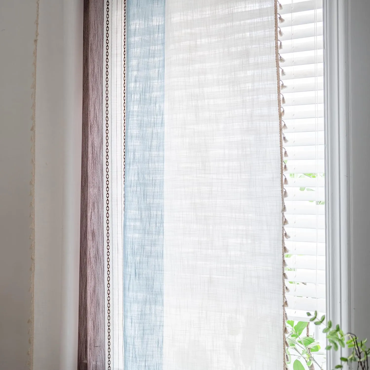 Sutuo Home Boho Curtains 84 inch for Bedroom Living Room, Semi Blackout Linen Farmhouse Tassels Window Treatment Bohemian Embroidery Drape, Rod Pocket 1 Panel 52" W x 84" L, Brown Blue Striped Linen