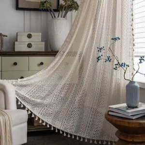 Sutuo Home Boho Curtains Crochet Lace Semi-Sheer Bohemian Hollow Knitted Handmade Tassels, Rod Pocket Window Treatment Vintage Rustic Farmhouse Drapes for Living Bedroom, 1 Panel 59" W x 84" L, Beige