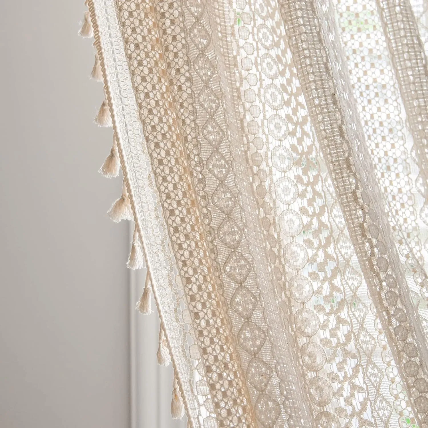 Sutuo Home Boho Curtains Crochet Lace Semi-Sheer Bohemian Hollow Knitted Handmade Tassels, Rod Pocket Window Treatment Vintage Rustic Farmhouse Drapes for Living Bedroom, 1 Panel 59" W x 84" L, Beige