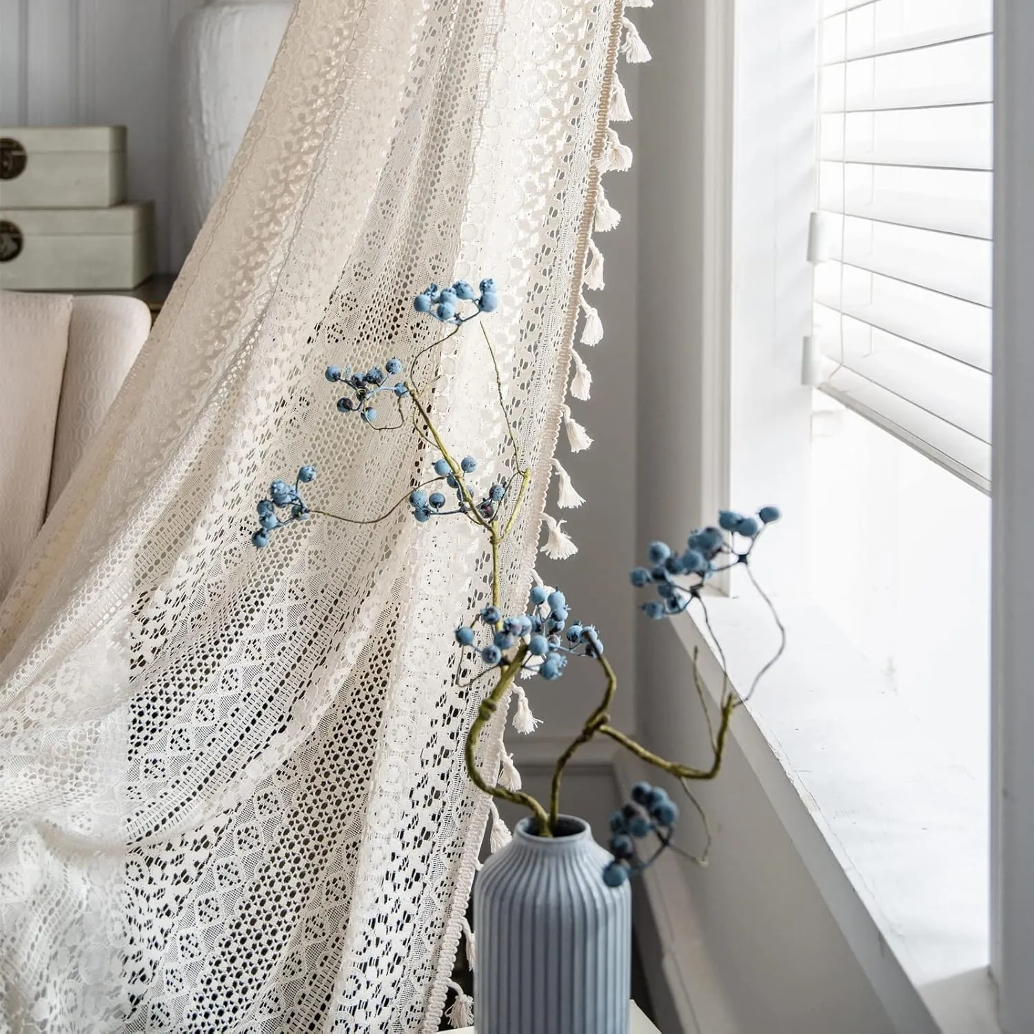 Sutuo Home Boho Curtains Crochet Lace Semi-Sheer Bohemian Hollow Knitted Handmade Tassels, Rod Pocket Window Treatment Vintage Rustic Farmhouse Drapes for Living Bedroom, 1 Panel 59" W x 84" L, Beige