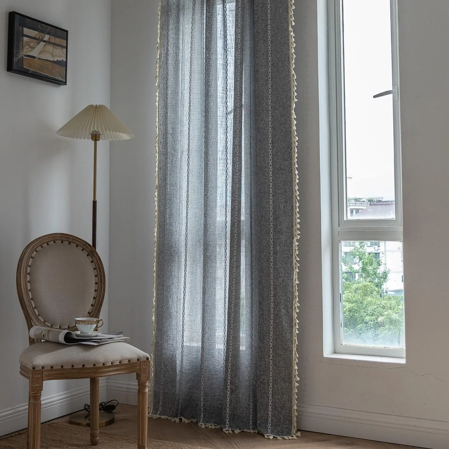 Sutuo Home Boho Curtains for Bedroom Dining Room Kitchen, Semi Blackout Linen Farmhouse Shabby Chic Tassels Window Treatment Bohemian Embroidery Drape, Rod Pocket 1 Panel 52" W x 63" L, Black Grey