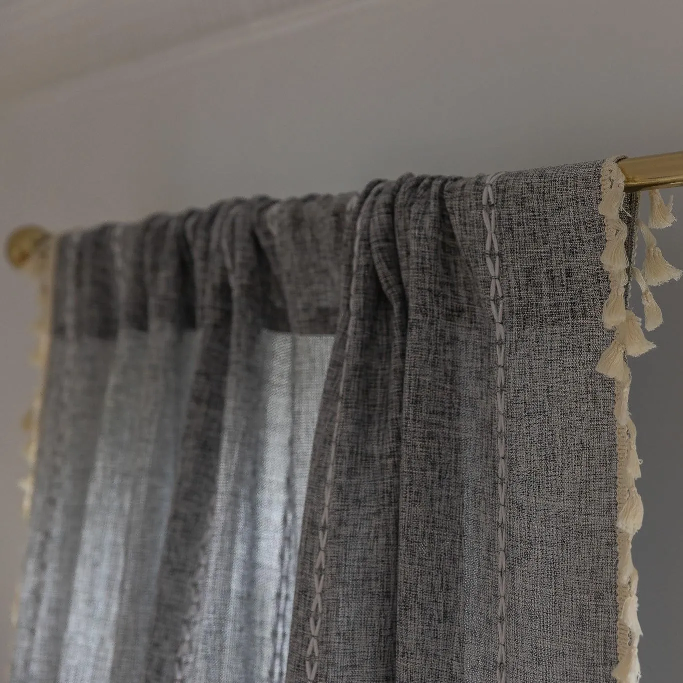 Sutuo Home Boho Curtains for Bedroom Dining Room Kitchen, Semi Blackout Linen Farmhouse Shabby Chic Tassels Window Treatment Bohemian Embroidery Drape, Rod Pocket 1 Panel 52" W x 63" L, Black Grey