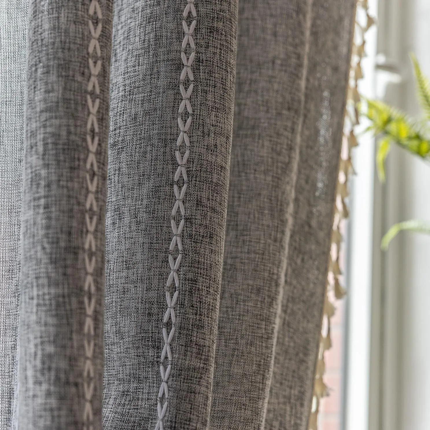 Sutuo Home Boho Curtains for Bedroom Dining Room Kitchen, Semi Blackout Linen Farmhouse Shabby Chic Tassels Window Treatment Bohemian Embroidery Drape, Rod Pocket 1 Panel 52" W x 63" L, Black Grey