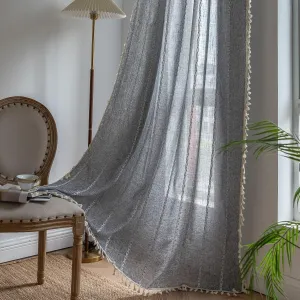 Sutuo Home Boho Curtains for Bedroom Dining Room Kitchen, Semi Blackout Linen Farmhouse Shabby Chic Tassels Window Treatment Bohemian Embroidery Drape, Rod Pocket 1 Panel 52" W x 63" L, Black Grey