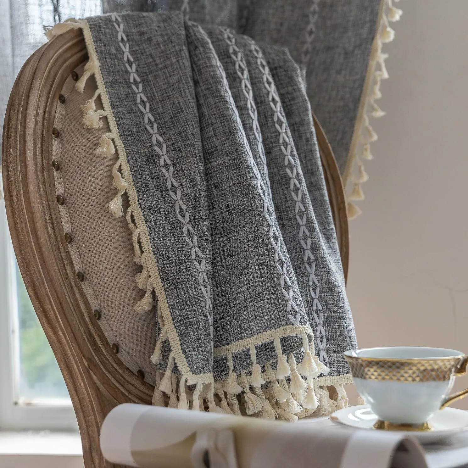 Sutuo Home Boho Curtains for Bedroom Dining Room Kitchen, Semi Blackout Linen Farmhouse Shabby Chic Tassels Window Treatment Bohemian Embroidery Drape, Rod Pocket 1 Panel 52" W x 63" L, Black Grey