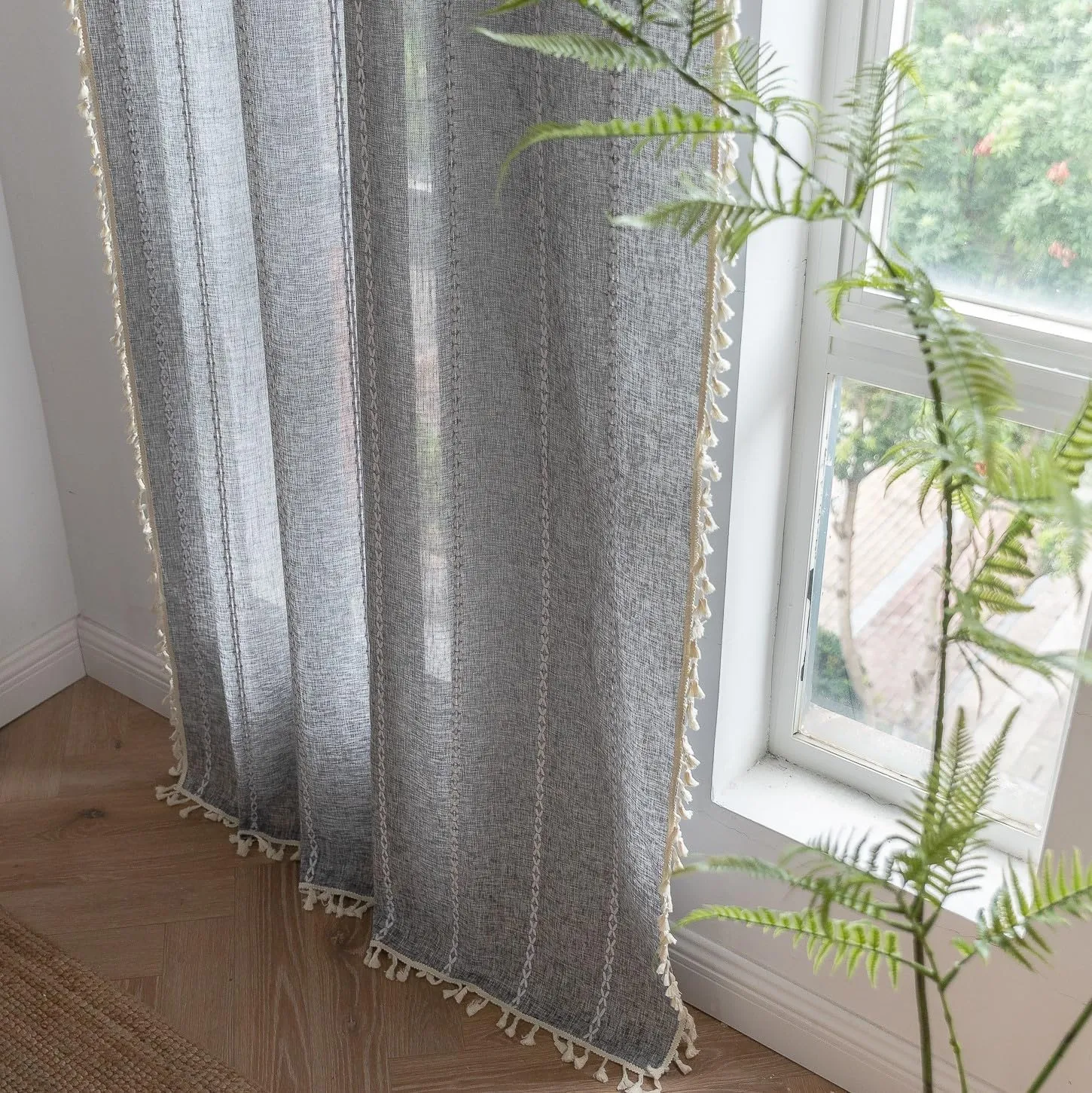 Sutuo Home Boho Curtains for Bedroom Dining Room Kitchen, Semi Blackout Linen Farmhouse Shabby Chic Tassels Window Treatment Bohemian Embroidery Drape, Rod Pocket 1 Panel 52" W x 63" L, Black Grey
