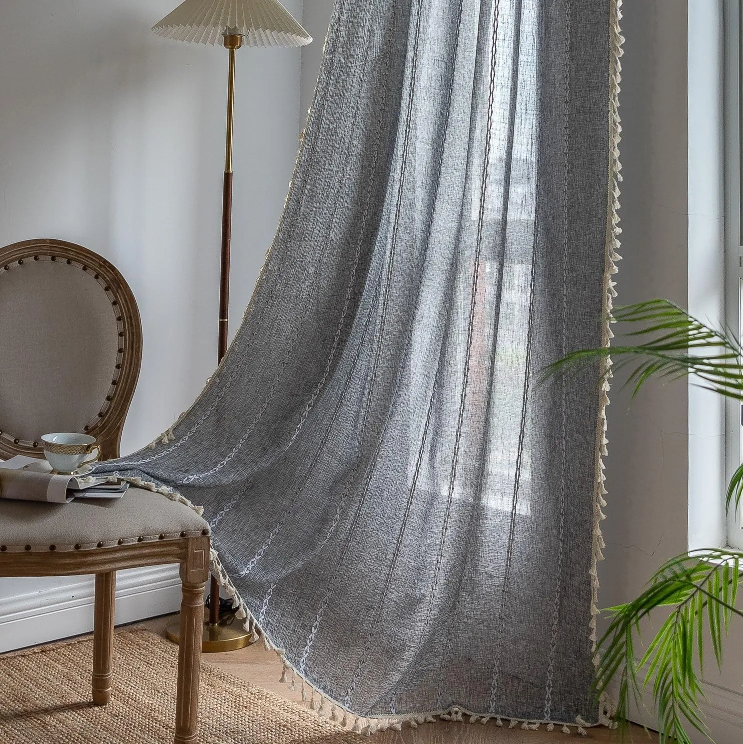 Sutuo Home Boho Curtains for Bedroom Dining Room Kitchen, Semi Blackout Linen Farmhouse Shabby Chic Tassels Window Treatment Bohemian Embroidery Drape, Rod Pocket 1 Panel 52" W x 63" L, Black Grey