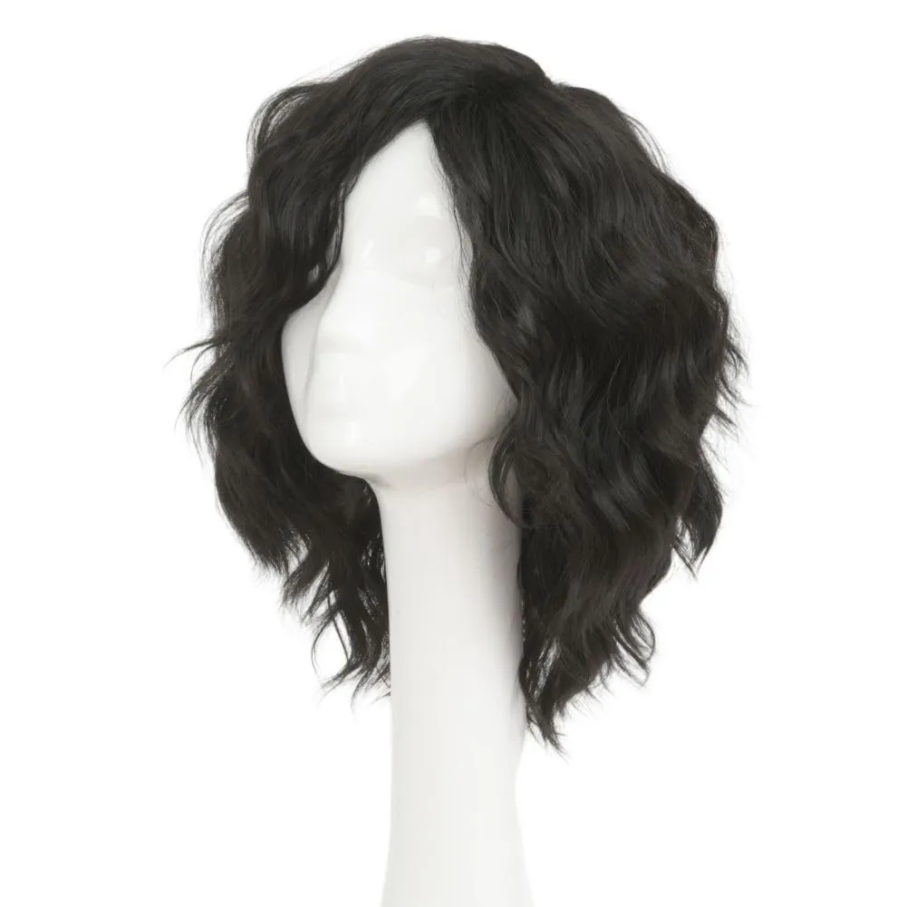 Swiking Mens Black Short Curly Wig Side Part Anime Hair Wig Fluffy Wave Cosplay Halloween Costume Unisex Wigs