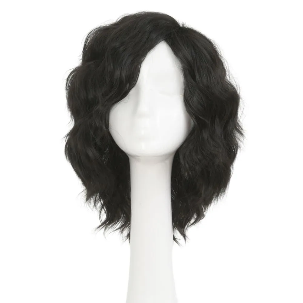 Swiking Mens Black Short Curly Wig Side Part Anime Hair Wig Fluffy Wave Cosplay Halloween Costume Unisex Wigs