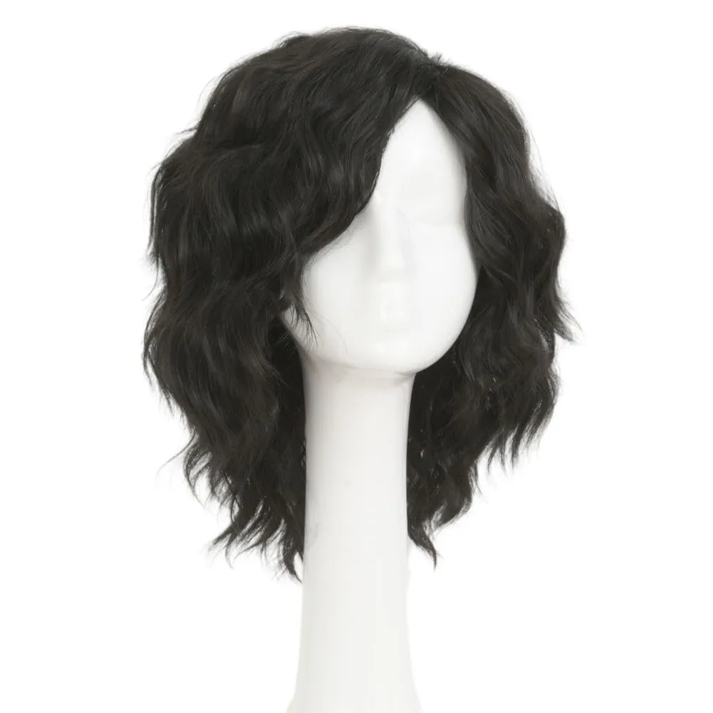 Swiking Mens Black Short Curly Wig Side Part Anime Hair Wig Fluffy Wave Cosplay Halloween Costume Unisex Wigs