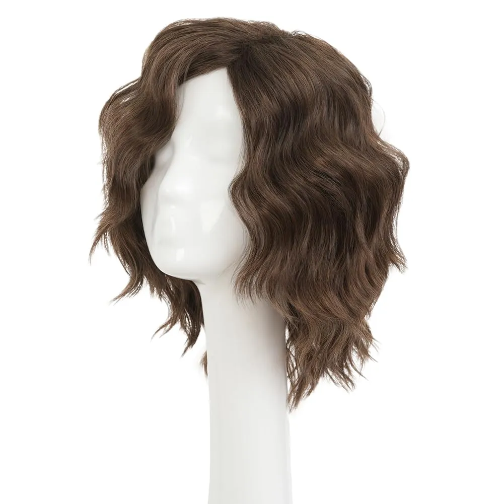 Swiking Short Brown Curly Layered Wigs for Men Side Part Anime Fluffy Wave Hair Wig Cosplay Halloween Costume Unisex Wigs