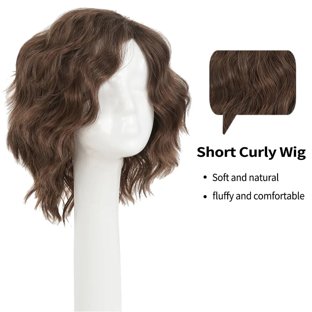 Swiking Short Brown Curly Layered Wigs for Men Side Part Anime Fluffy Wave Hair Wig Cosplay Halloween Costume Unisex Wigs