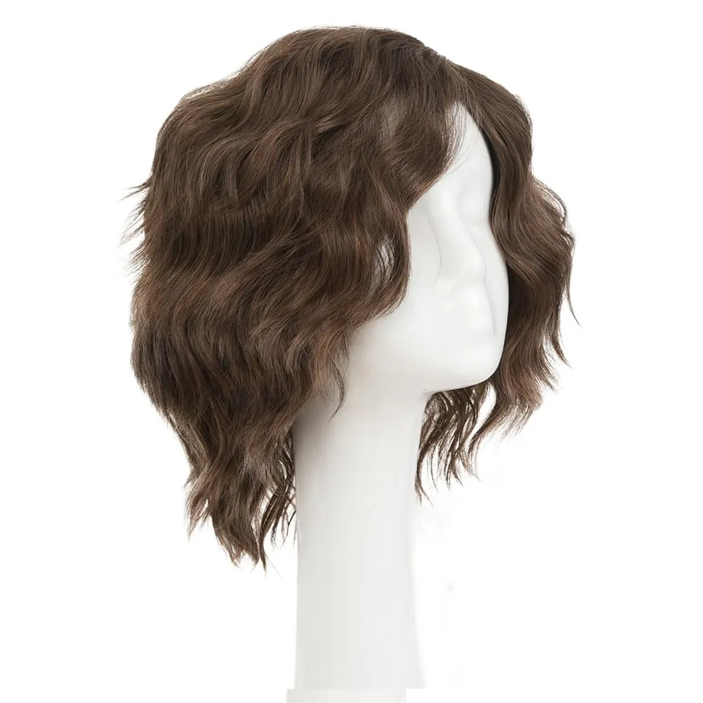 Swiking Short Brown Curly Layered Wigs for Men Side Part Anime Fluffy Wave Hair Wig Cosplay Halloween Costume Unisex Wigs