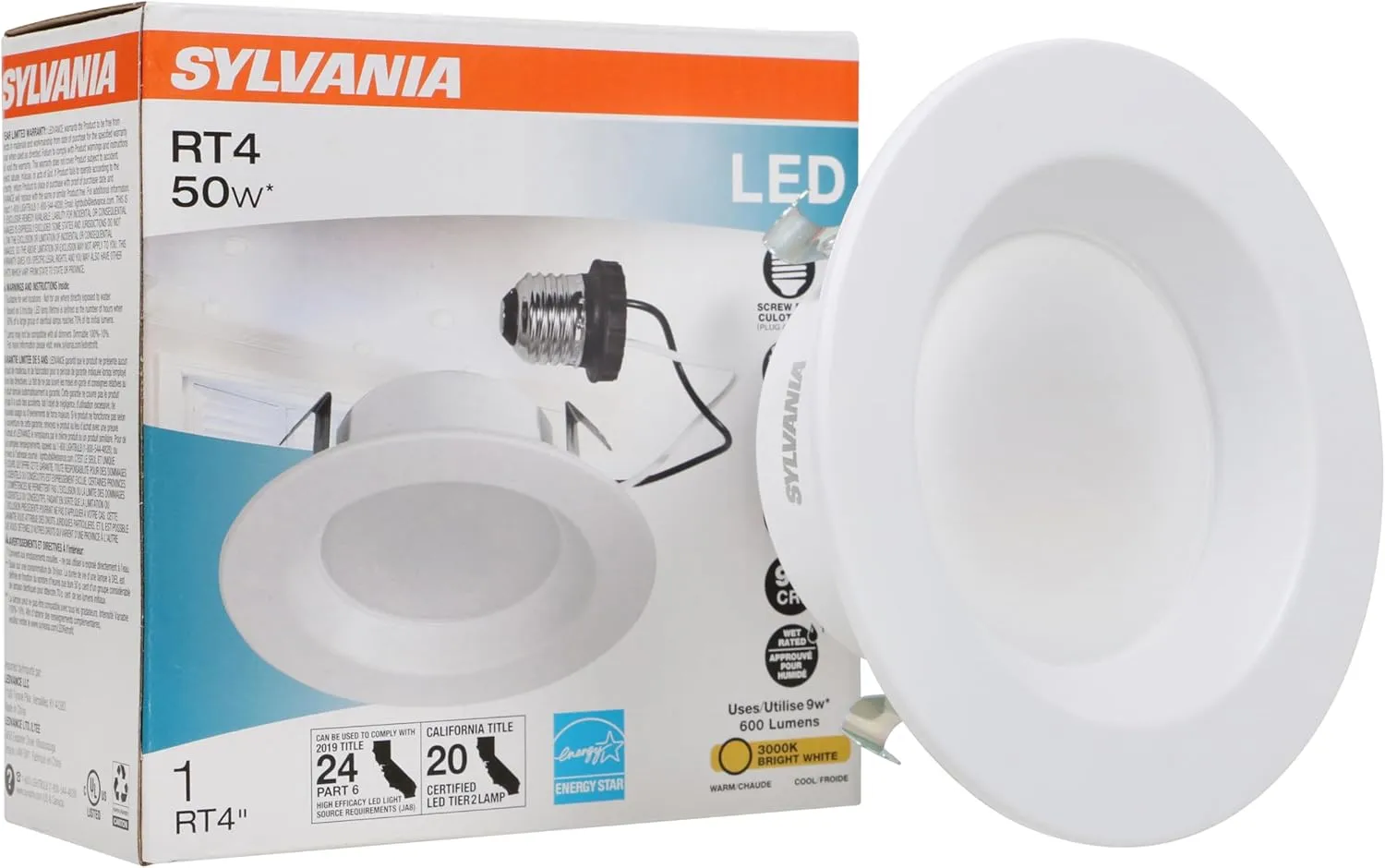 Sylvania 4" LED RT4 Recessed Downlight Kit, 50W Replacement, Efficient 9W, E26 Medium Base, White, 1 Count (Pack of 1)