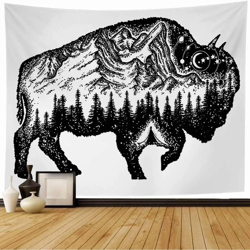 Tapestry Wall Hanging Bison Climbing Tribal Symbols Tattoo Dot Horn Power Mountain Forest Night Animals Prairie Wildlife Wall Tapesty for Bedroom Home Wall Decor 80"x60"