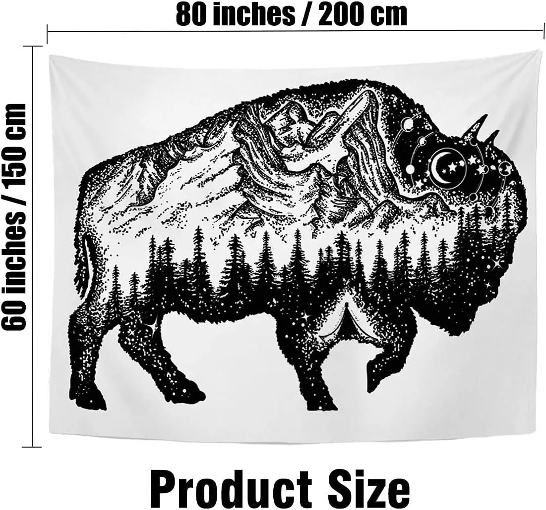 Tapestry Wall Hanging Bison Climbing Tribal Symbols Tattoo Dot Horn Power Mountain Forest Night Animals Prairie Wildlife Wall Tapesty for Bedroom Home Wall Decor 80"x60"