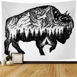 Tapestry Wall Hanging Bison Climbing Tribal Symbols Tattoo Dot Horn Power Mountain Forest Night Animals Prairie Wildlife Wall Tapesty for Bedroom Home Wall Decor 80"x60"