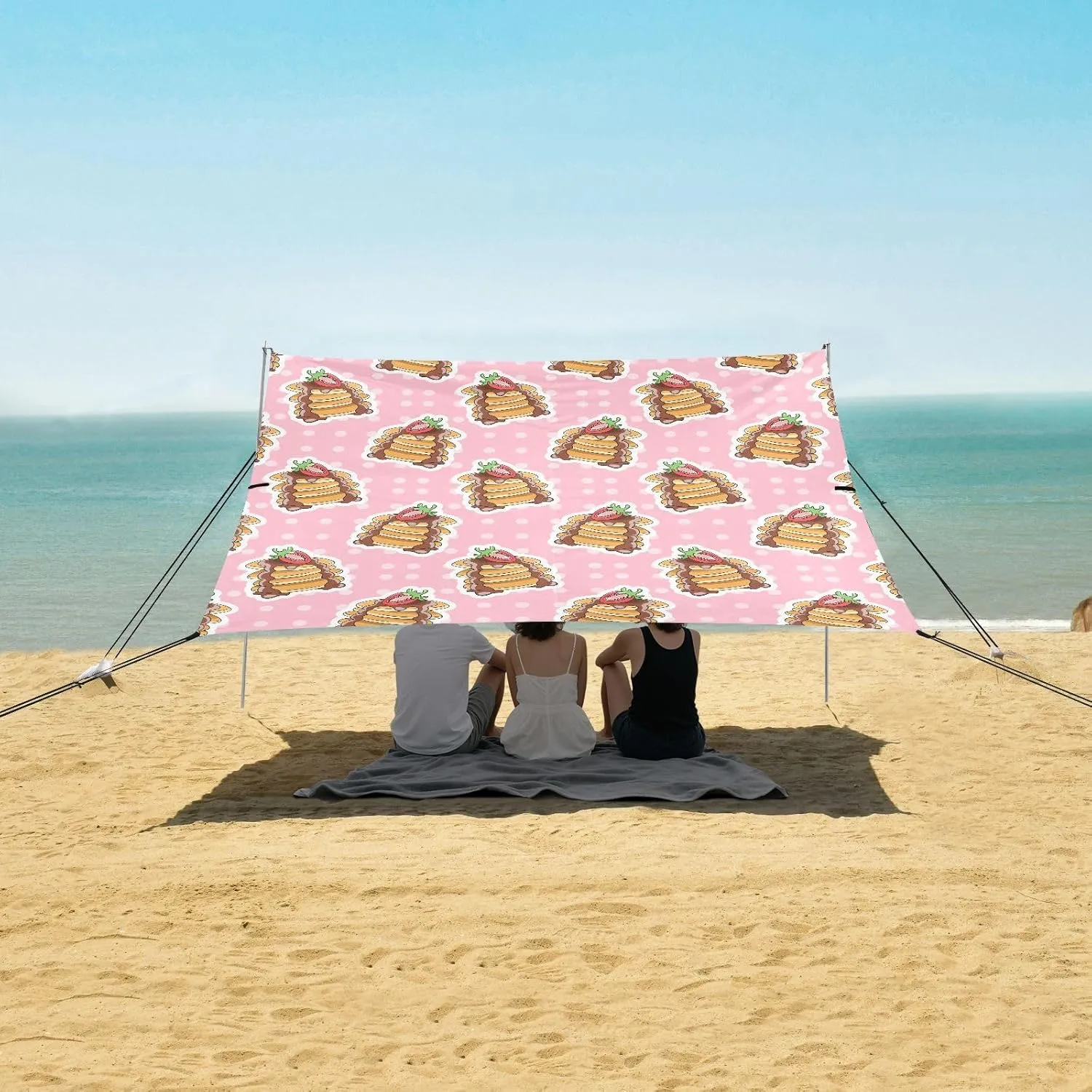 Tasty Breakfast Pancakes Beach Canopy Tent Anti-UV & Wind Resistant, Camping Sun Shelter Easy Setup Portable,Outdoor Shade Tents with Sandbags,Sand Shovels,Ground Pegs & Stability Poles