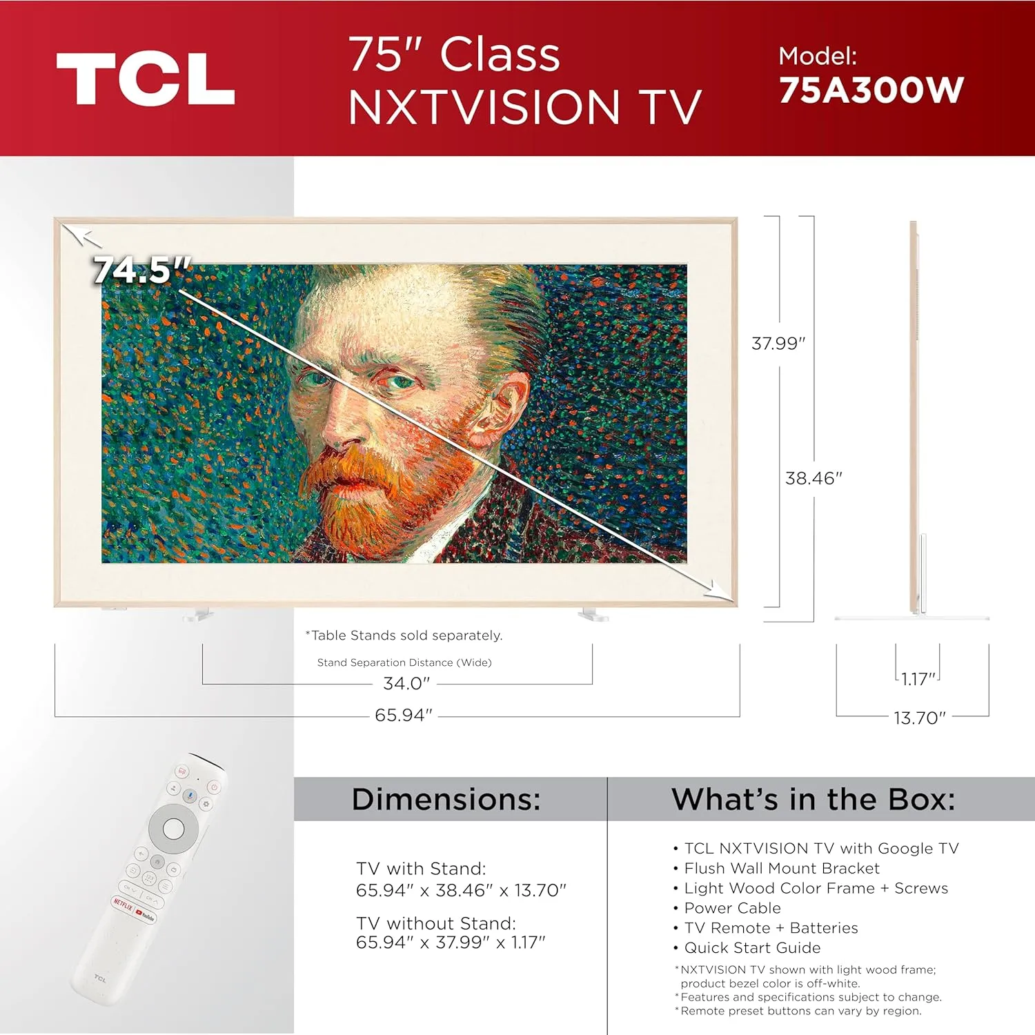 TCL 75-Inch Class QLED 4K Smart NXTVISION TV with Google TV (75A300W, 2024 Model) Dolby Vision HDR & Dolby Atmos, Built-in Google Assistant with Voice Remote, Works with Alexa, Streaming Television