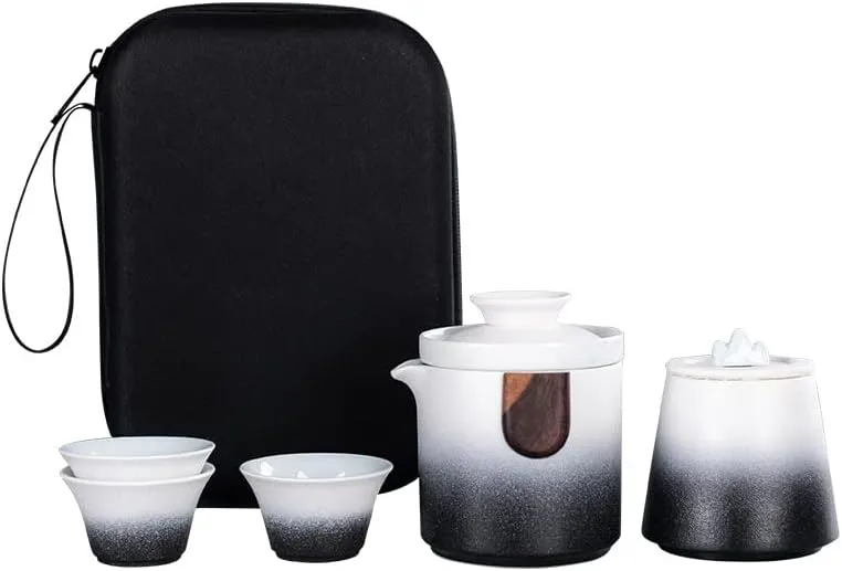 Tea Set Chinese Tea Set Tea Sets Porcelain,Travel Tea Sets, Ceramic Portable Teapot Porcelain Teaset Tea Cups of Tea Ceremony Tea Pot with Travel Bag(Svart)