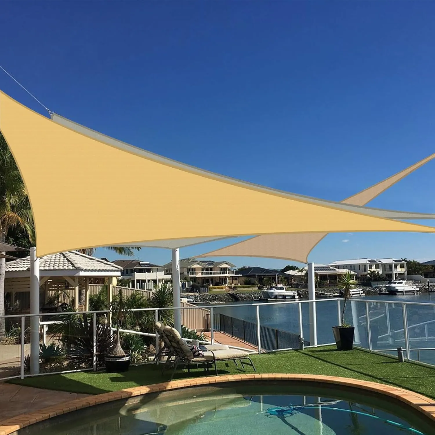 Terylene Waterproof Sun Shade Sail UV Blocker Sunshade Patio Equilateral Triangle Knitted 220 GSM Block Fabric Pergola Carport Awning 13' x 13' x 13' in Color Sand