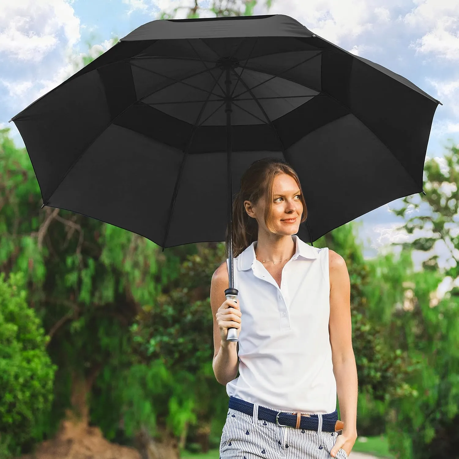 The Typhoon Tamer 62 Inch Vented Windproof Double Canopy Large Golf Umbrella for Rain & Wind, Strong Fiberglass Oversized Lightweight Professional Quality Golfers Umbrella for Men & Women, Black